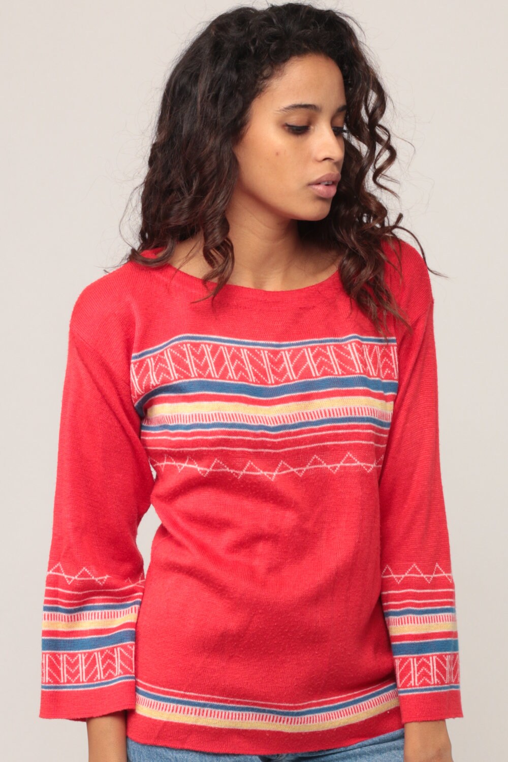 70s Red Striped Knit Sweater Pullover Geometric Small