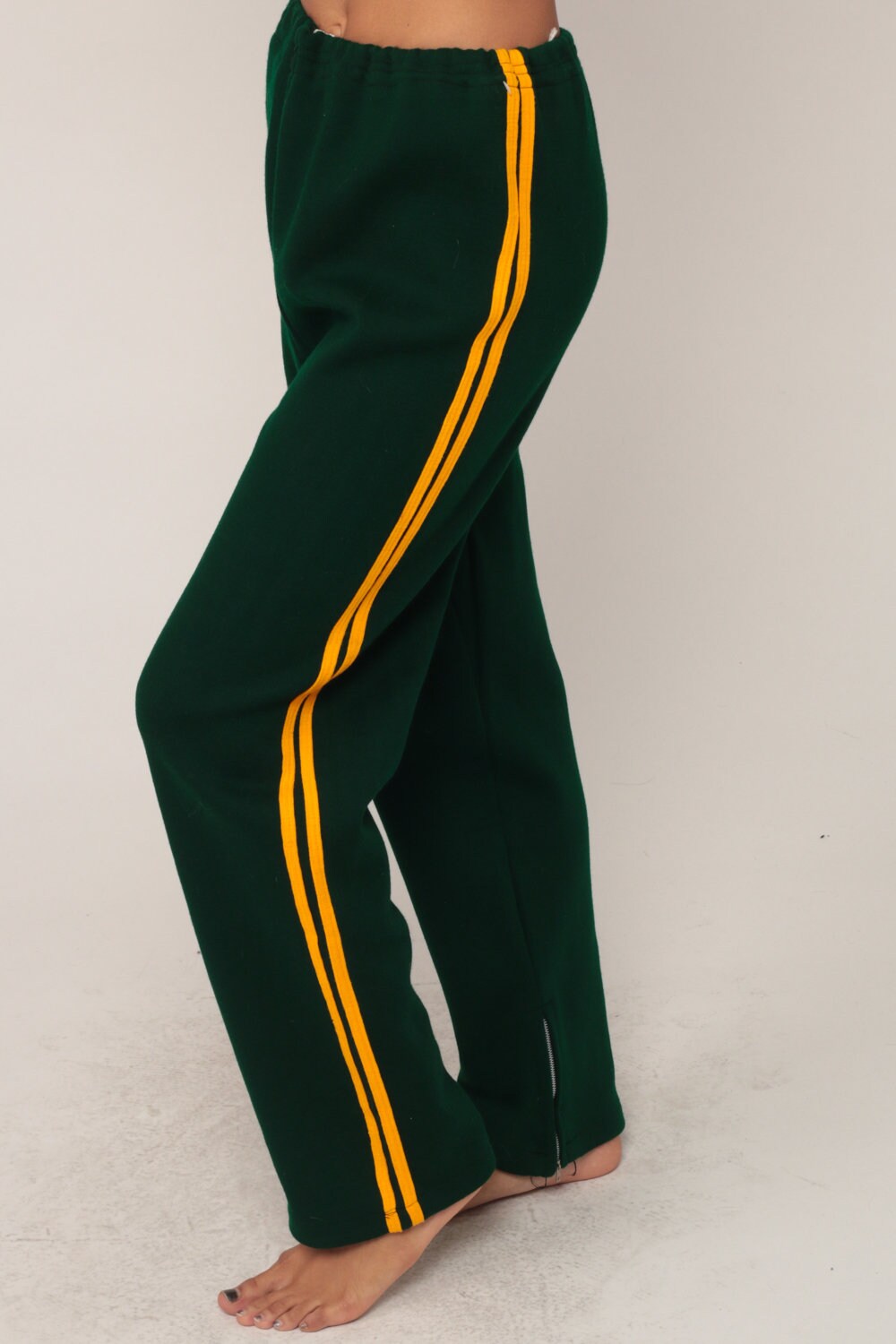 80s Green Sweatpants Yellow Stripe Track Pants Unisex Extra Large XL