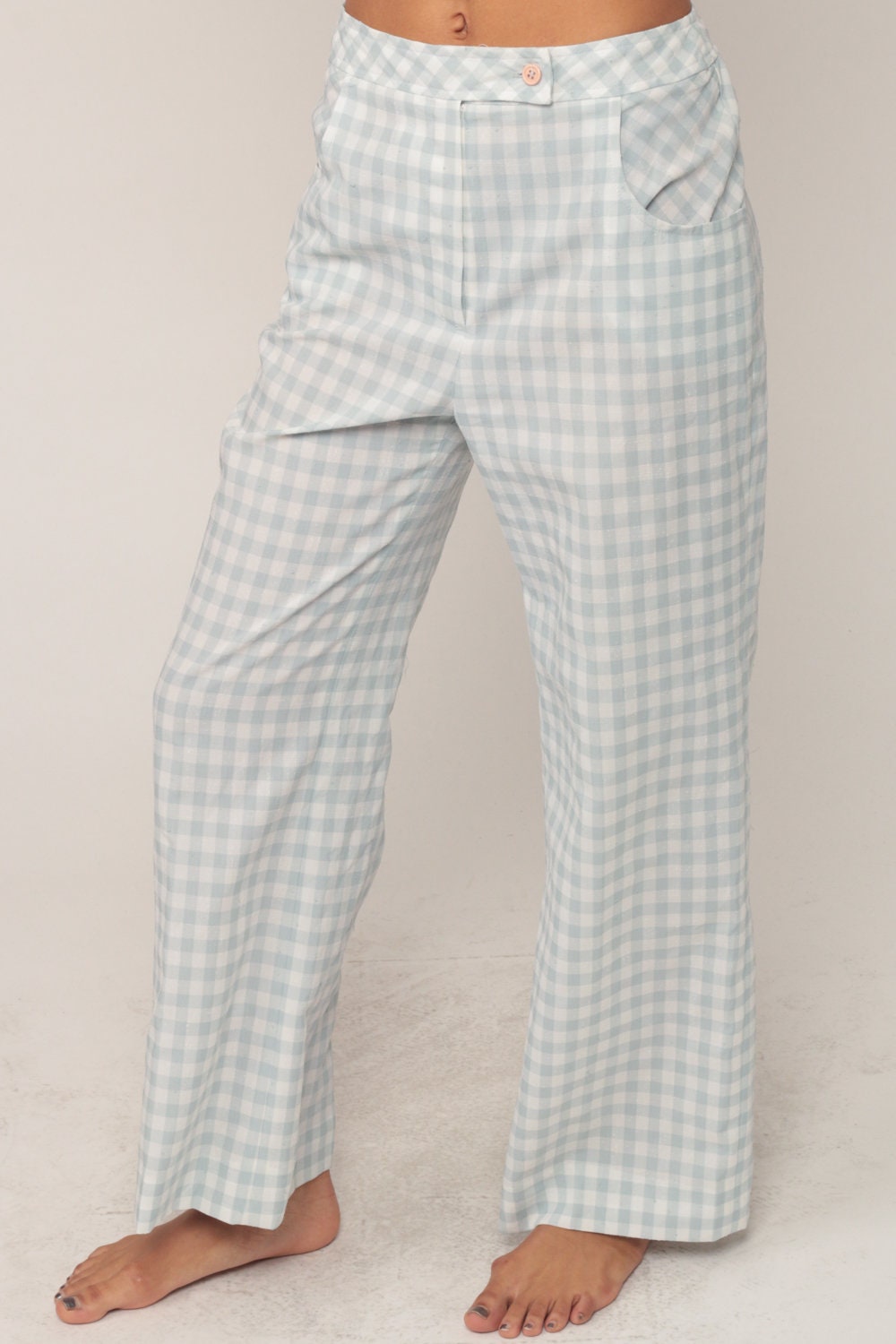 70s Green White Gingham Wide Leg Trousers High Waist Plaid Small