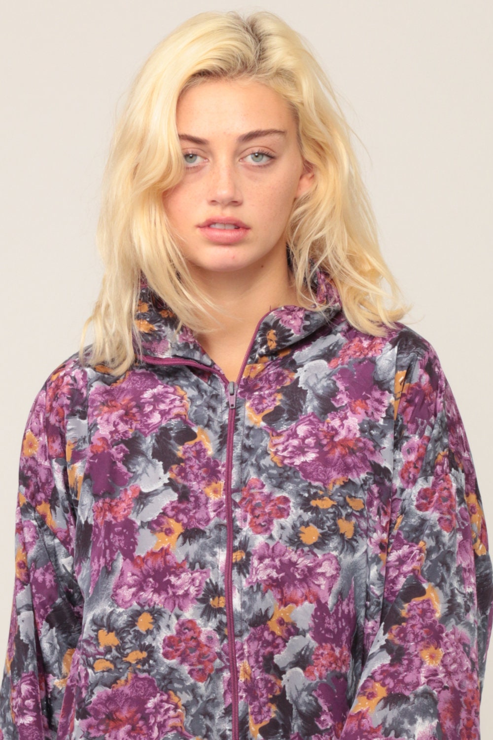 90s Purple Floral Windbreaker Jacket Nylon Zip Front Large