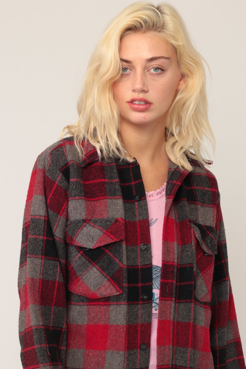 70s Wool Plaid Flannel Shirt Red Black Grey Button Up Small Medium