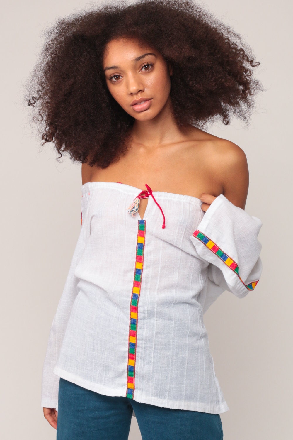 70s White Cotton Peasant Blouse Long Sleeve Drawstring Tunic Medium Large