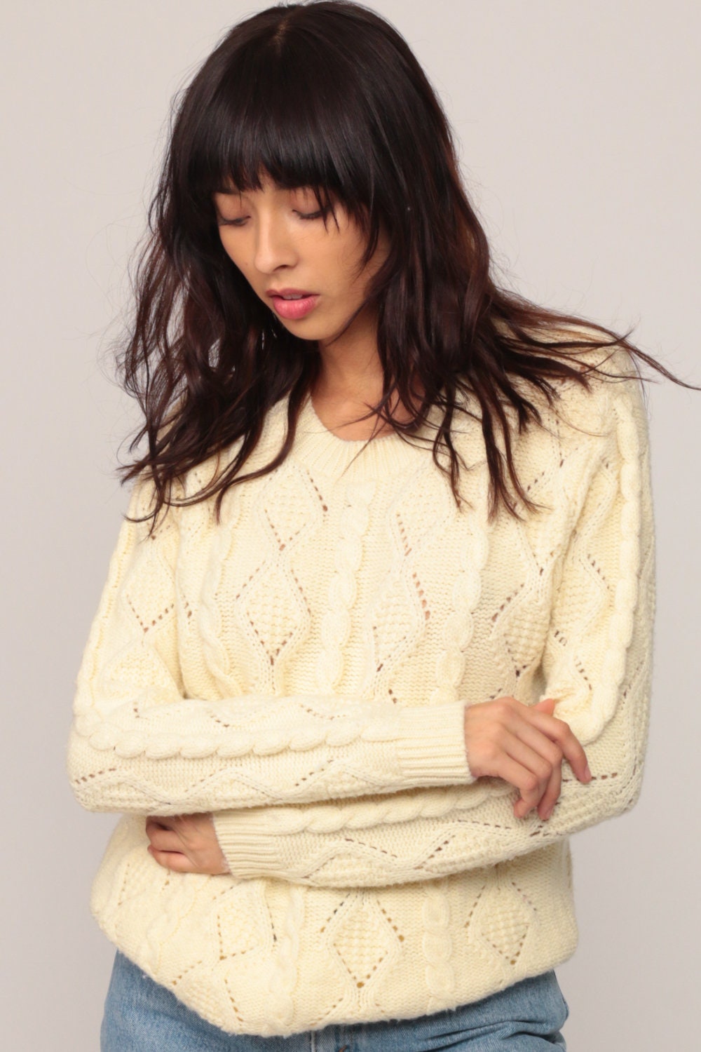 80s Wool Cable Knit Sweater Cream Fisherman Pullover Diamond Cutout Large