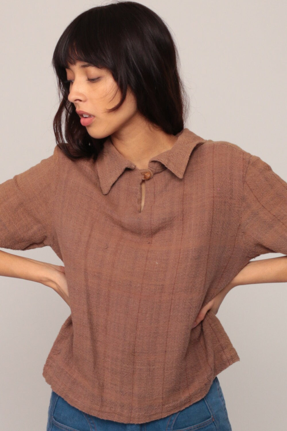 70s Floral Embroidered Brown Cotton Blouse 3/4 Sleeve Large