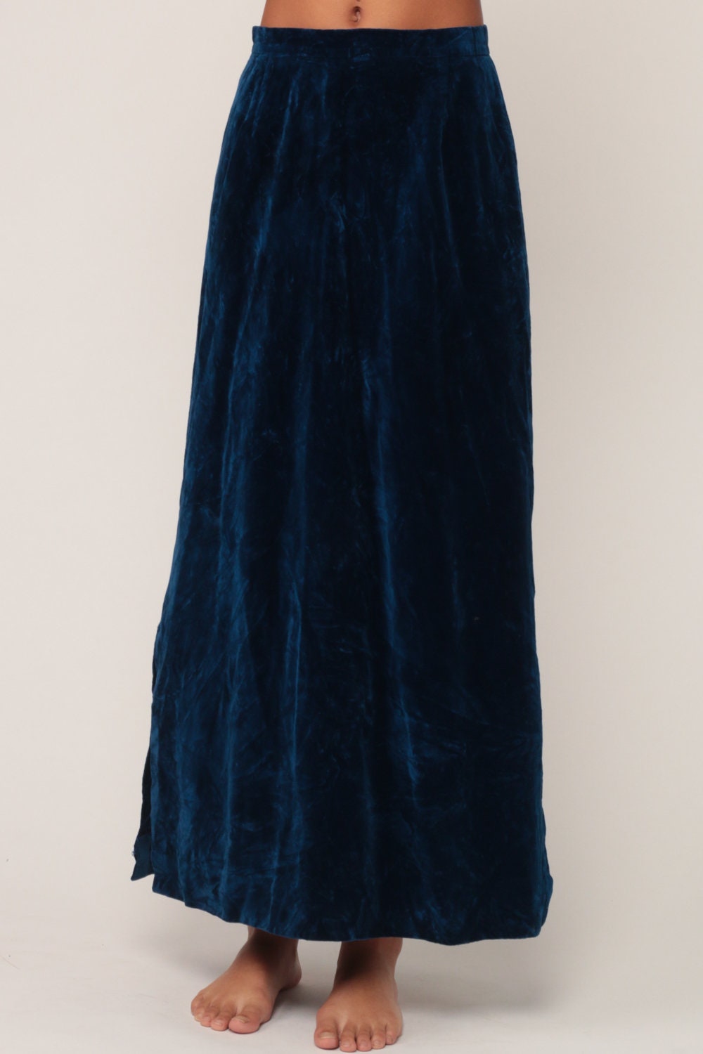 70s Blue Velvet Maxi Skirt High Waisted Side Slit Long Skirt Small