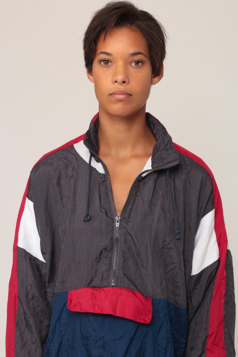 80s Windbreaker Jacket Half Zip Pullover Colour Block Striped Brown Blue Extra Large