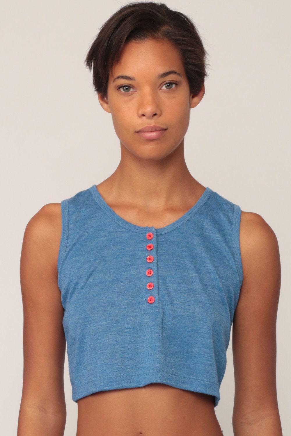 80s Blue Sleeveless Crop Top Button Tank Extra Small XS
