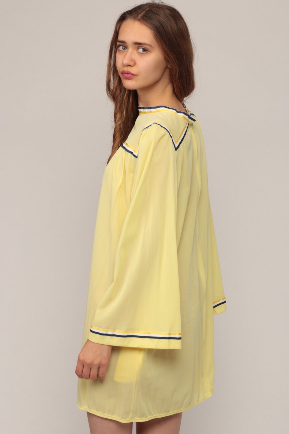 70s Yellow Nightgown Bell Sleeve Tent Cut Nylon Slip Dress Large