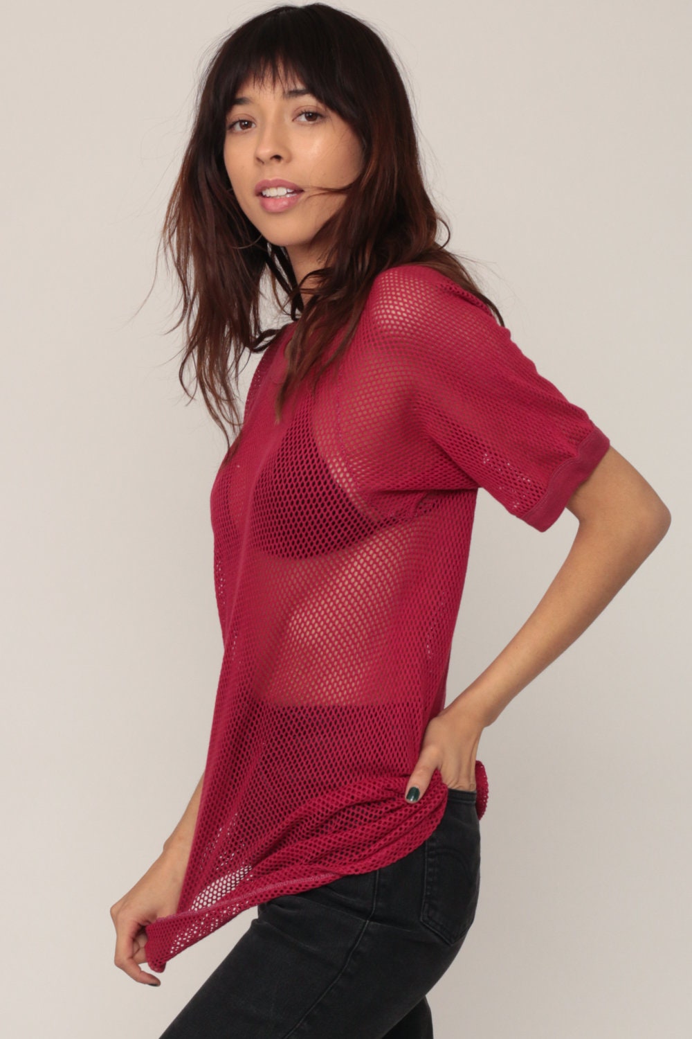 80s Burgundy Mesh Raglan Jersey Shirt Sheer Cotton Tee Medium Large