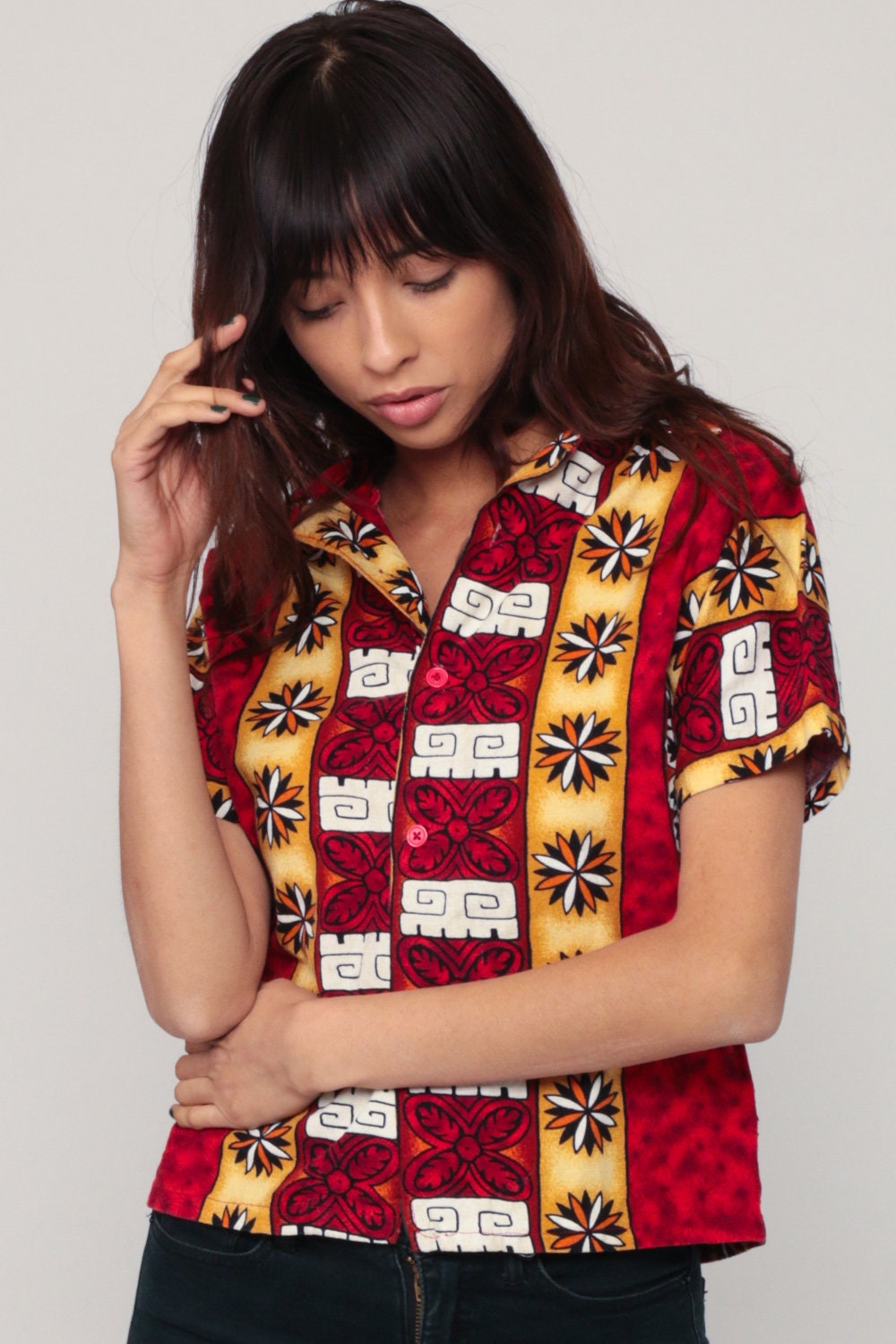 90s Hawaiian Turtle Shirt Red Button Up Tropical Small