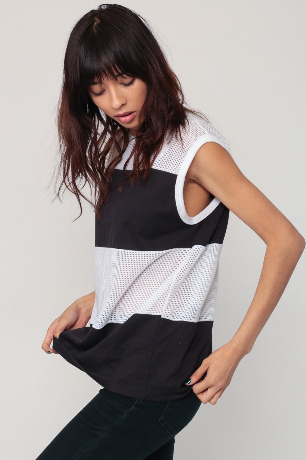 80s Mesh Tank Top Sheer Striped Black White Sleeveless Extra Large