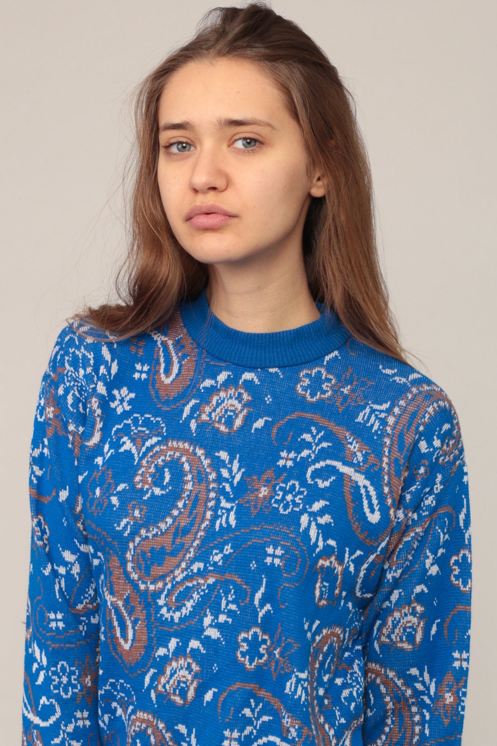 70s Paisley Print Pullover Sweater Blue Small