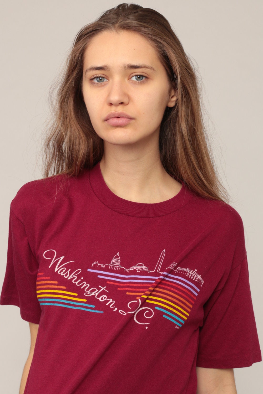 80s Washington DC Skyline Graphic T-Shirt Burgundy Rainbow Stripe Large