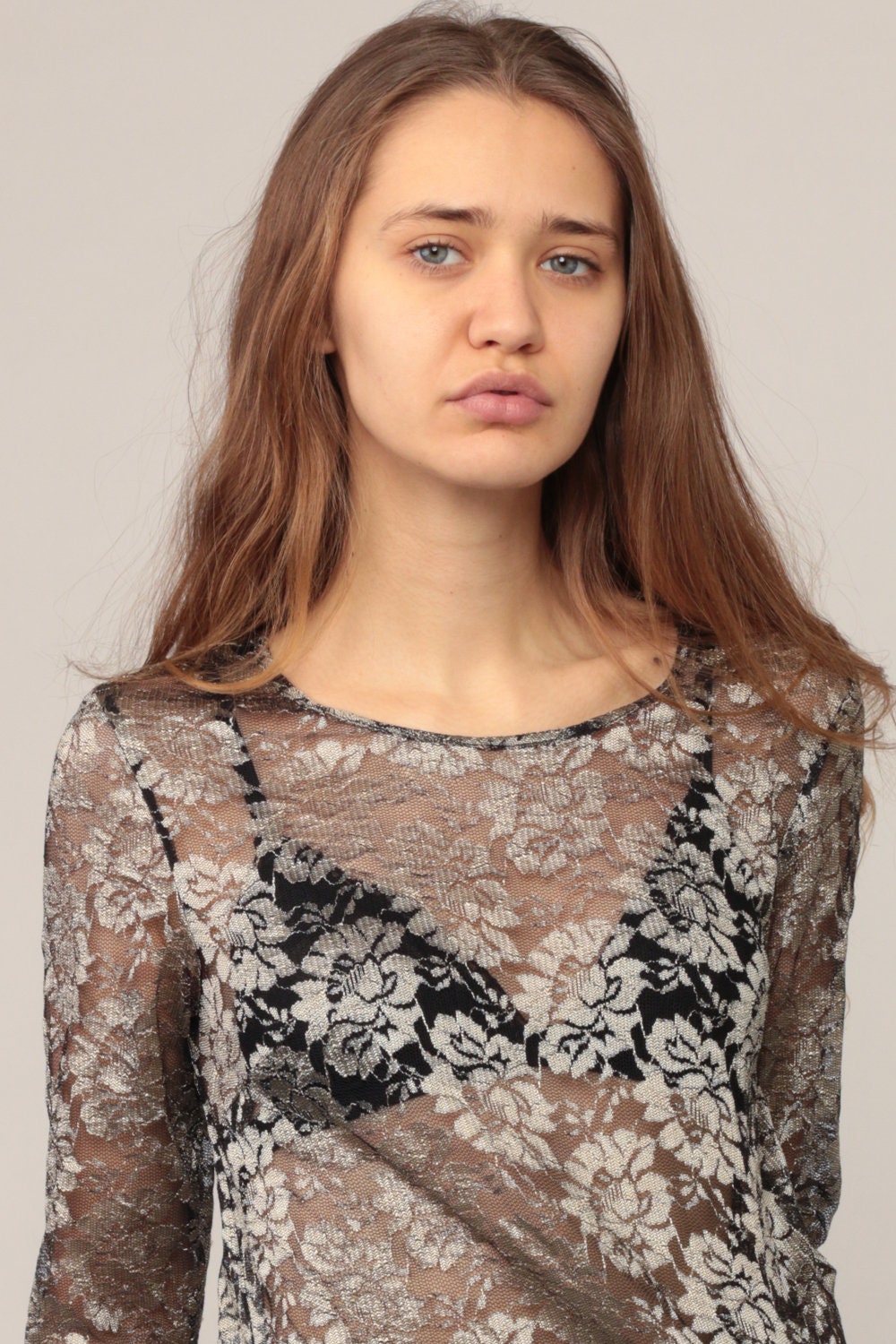 80s Metallic Lace Blouse Sheer Long Sleeve Scalloped Hem Small Medium