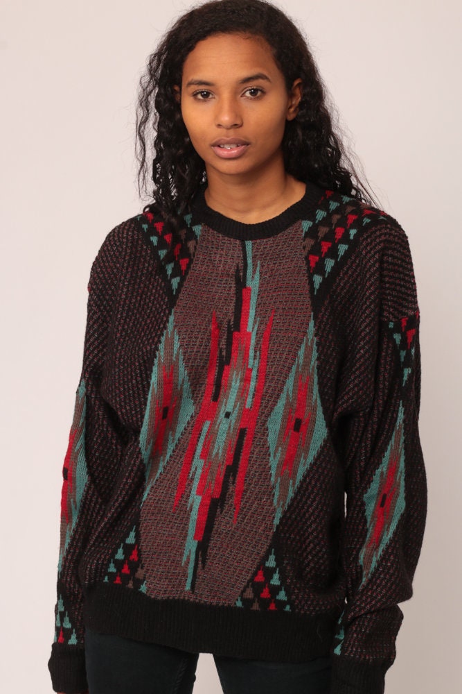 80s Geometric Tribal Print Knit Sweater Black Red Blue Large