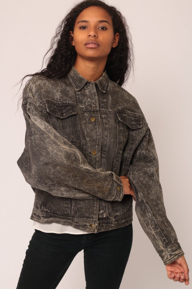 80s Grey Acid Wash Denim Jacket Distressed Unisex Button Up Extra Large XL