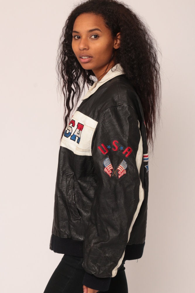80s American Flag Leather Biker Jacket Black Moto Large