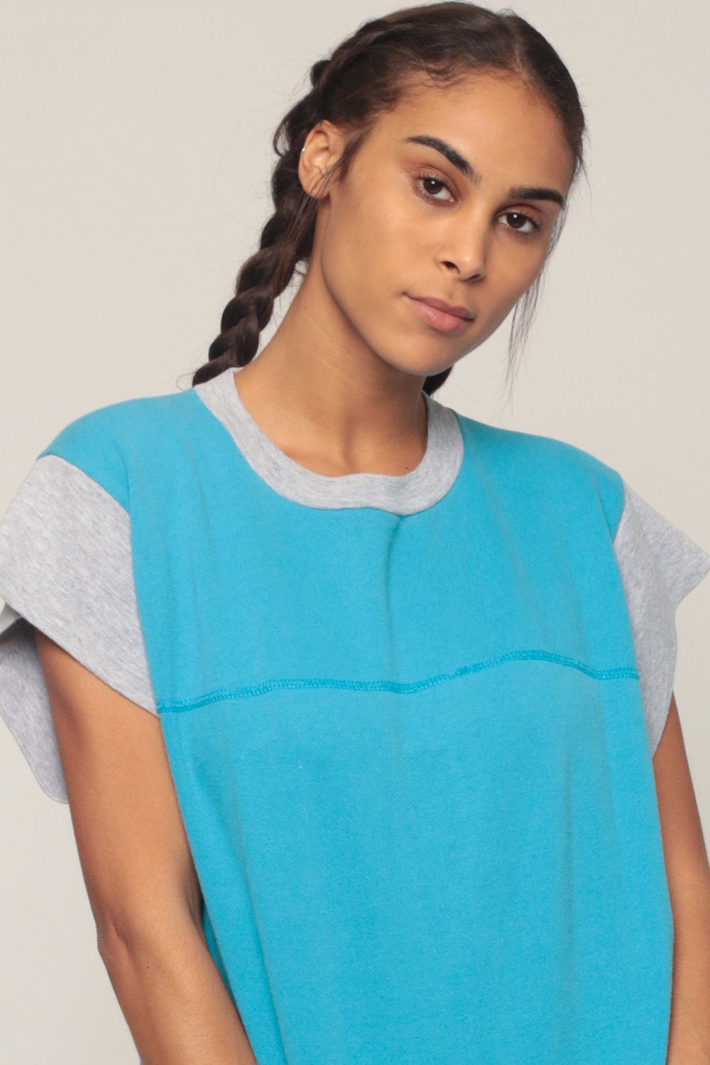 80s Turquoise Ringer Sweatshirt Short Sleeve Slouchy Crewneck Extra Large XXL