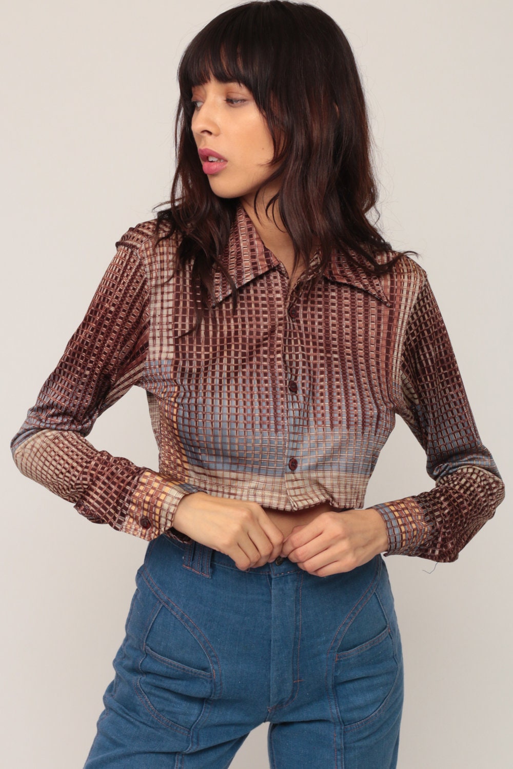 70s Checkered Button-Up Blouse Blue Brown Crop Top Small