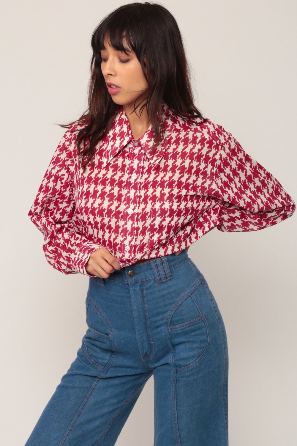 70s Houndstooth Crop Top Red Plaid Button-Up Long Sleeve Blouse Large