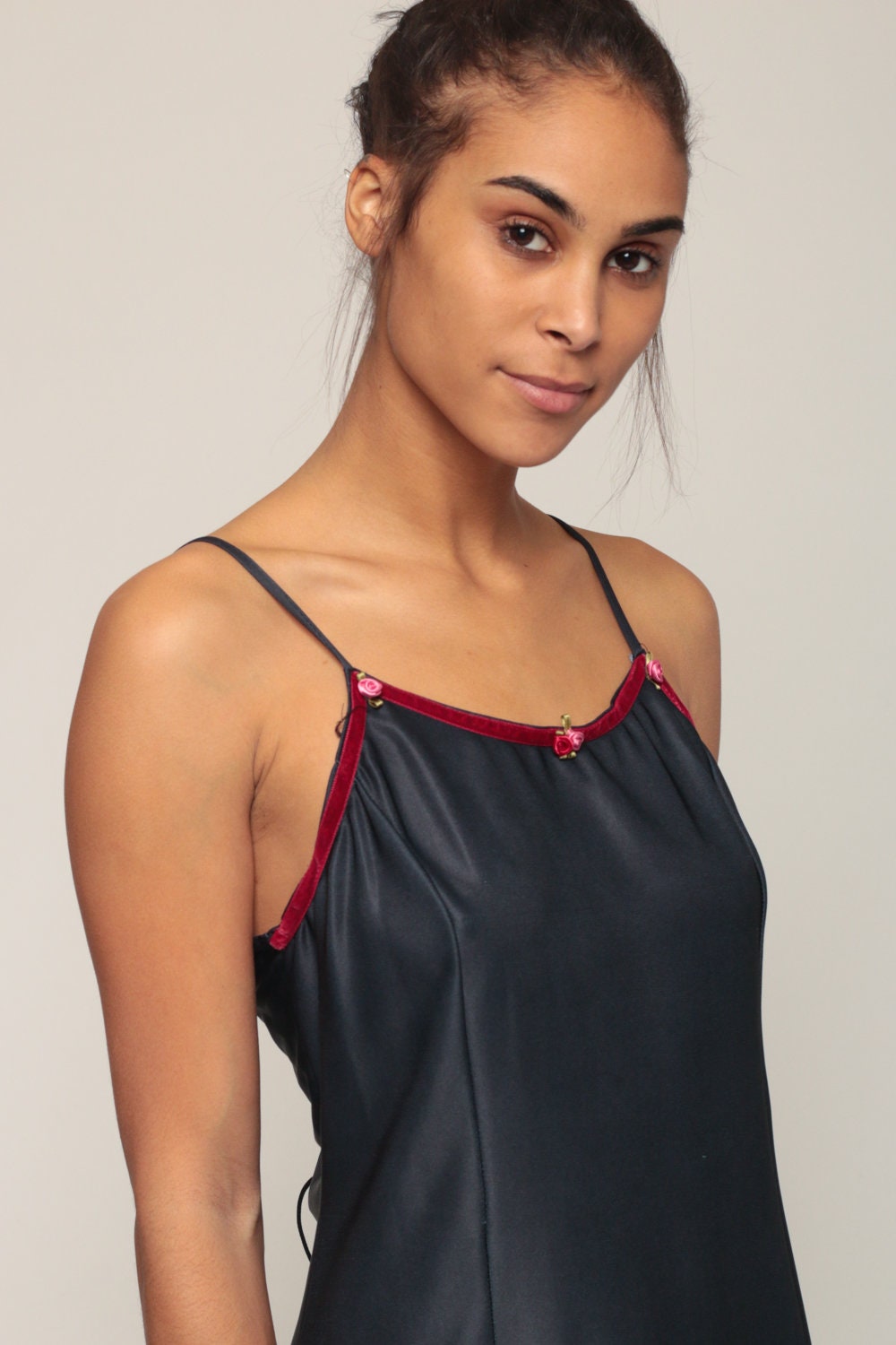 90s Black Floral Midi Dress Lace-Up Corset Back Spaghetti Strap Small