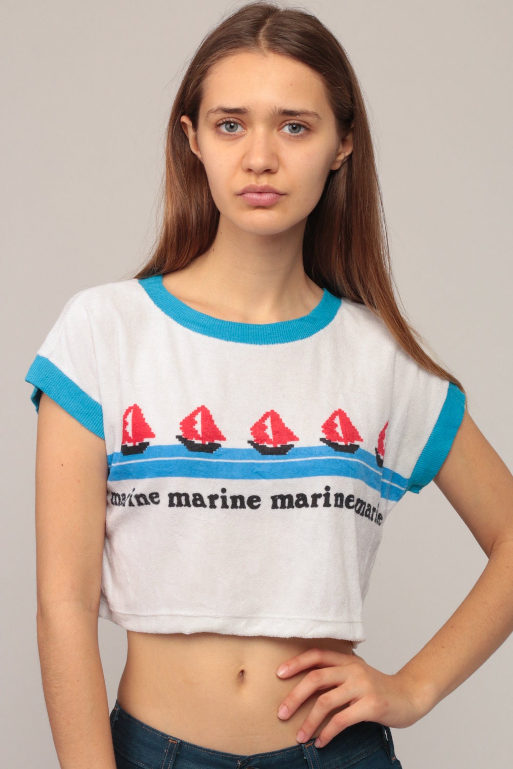 80s Sailboat Graphic Ringer Crop Top Terry Cloth Tee Small Medium