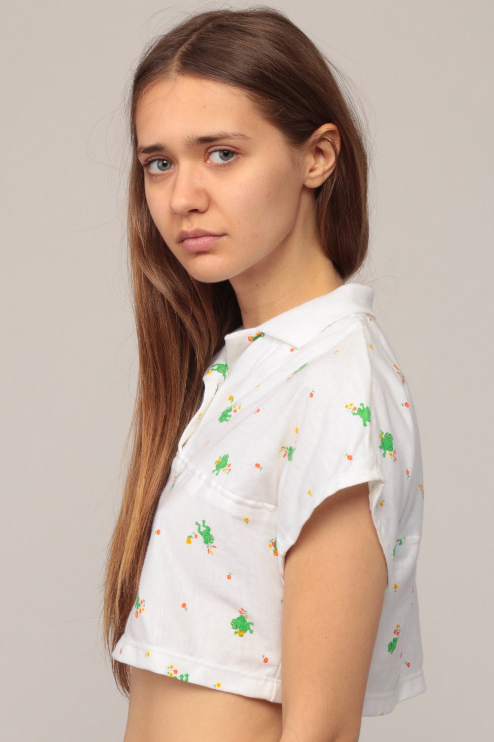 70s Frog Print Crop Top T-Shirt Cap Sleeve Cotton Blend Small