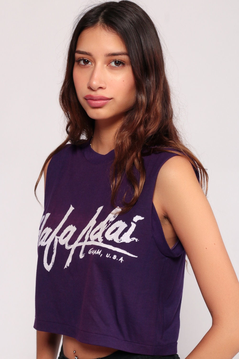 80s Hafa Adai Guam Graphic Tank Top Crop Purple Cotton Small Medium