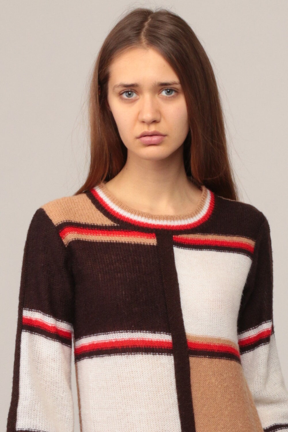 70s Colour Block Knit Sweater Bell Sleeve Tan Brown Pullover Small