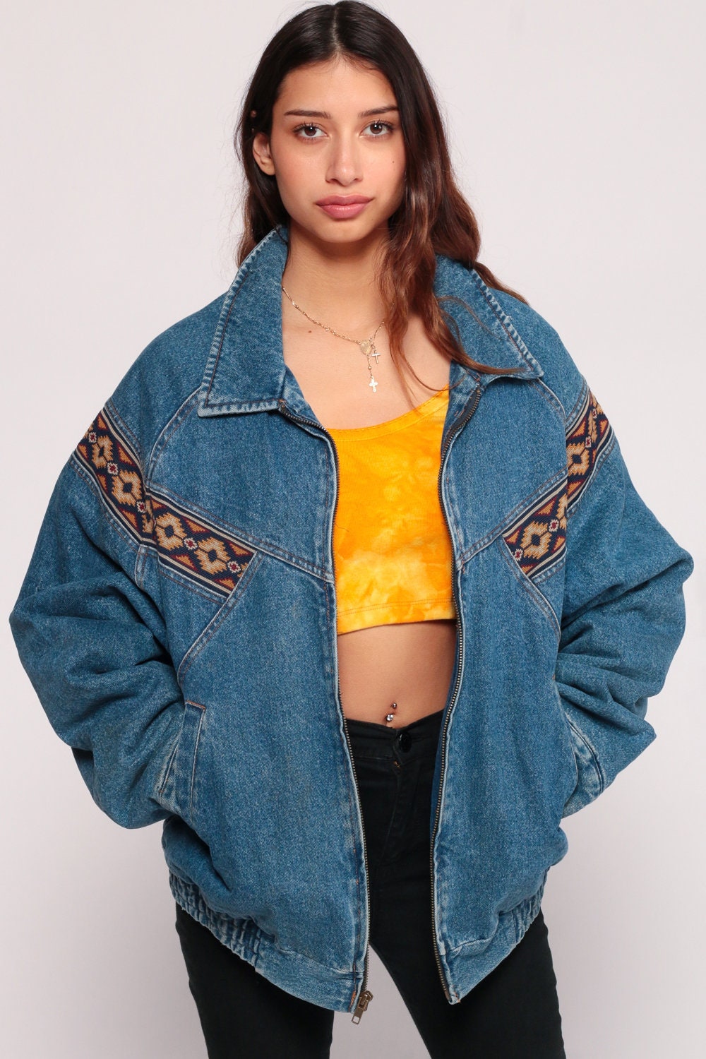 80s Denim Jacket Tribal Trim Blue Jean Bomber Medium Large