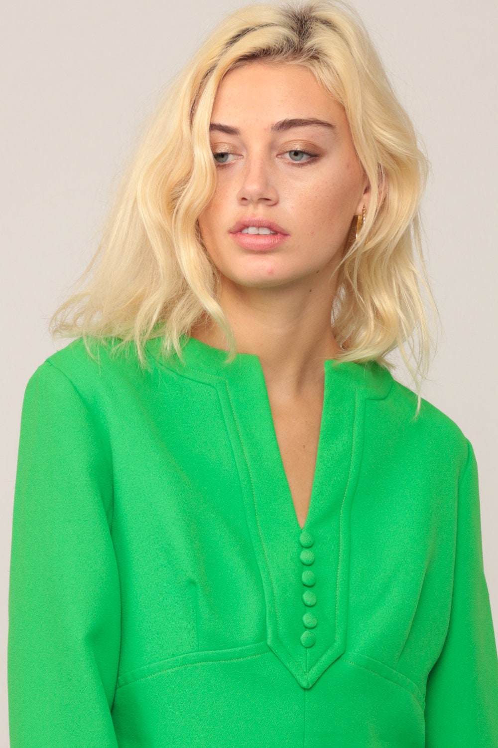 70s Green Mini Dress Empire Waist V Neck Long Sleeve Babydoll Large