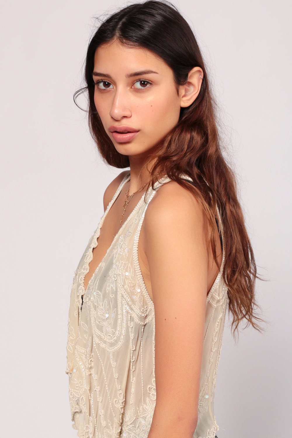 90s White Beaded Sequin Gauze Vest Top Sheer Blouse Extra Small