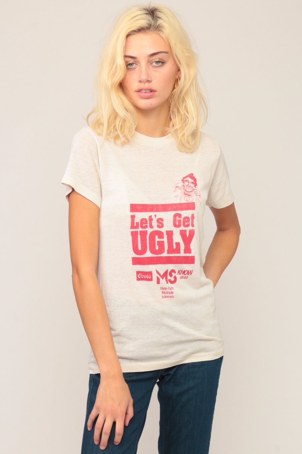 80s Let's Get Ugly Slogan Burnout T-Shirt Unisex Small