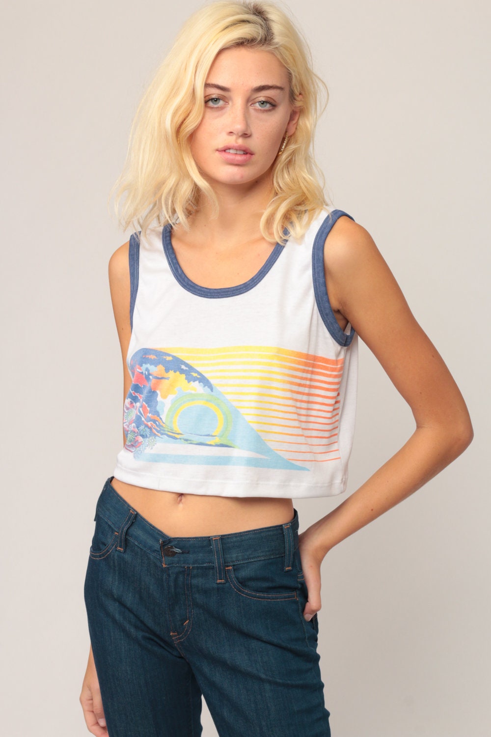 80s Surfer Graphic Ringer Tank Top Crop White Medium Large