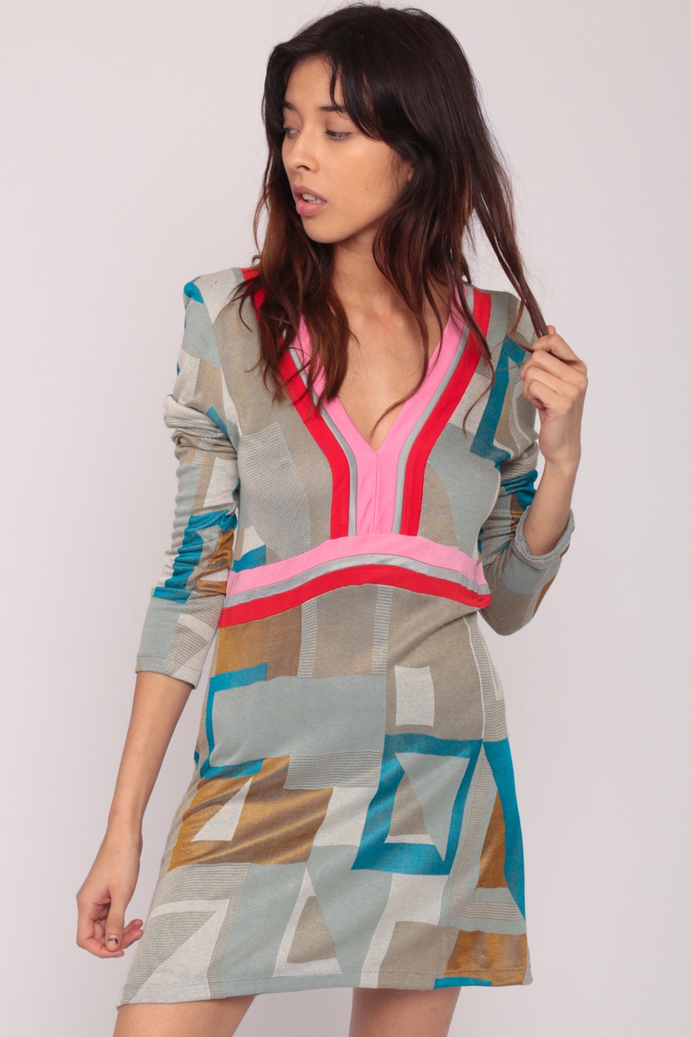 90s Geometric Colour Block Empire Waist Mini Dress Long Sleeve Deep V Grey Small