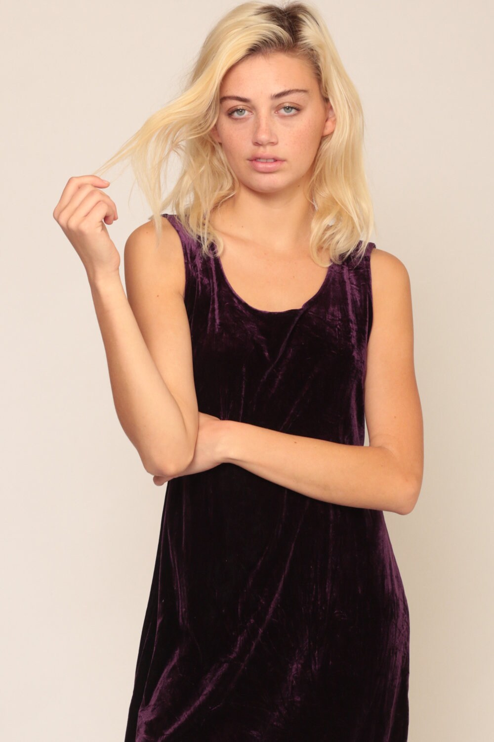 90s Purple Velvet Mini Dress Sleeveless High Waist Medium Large