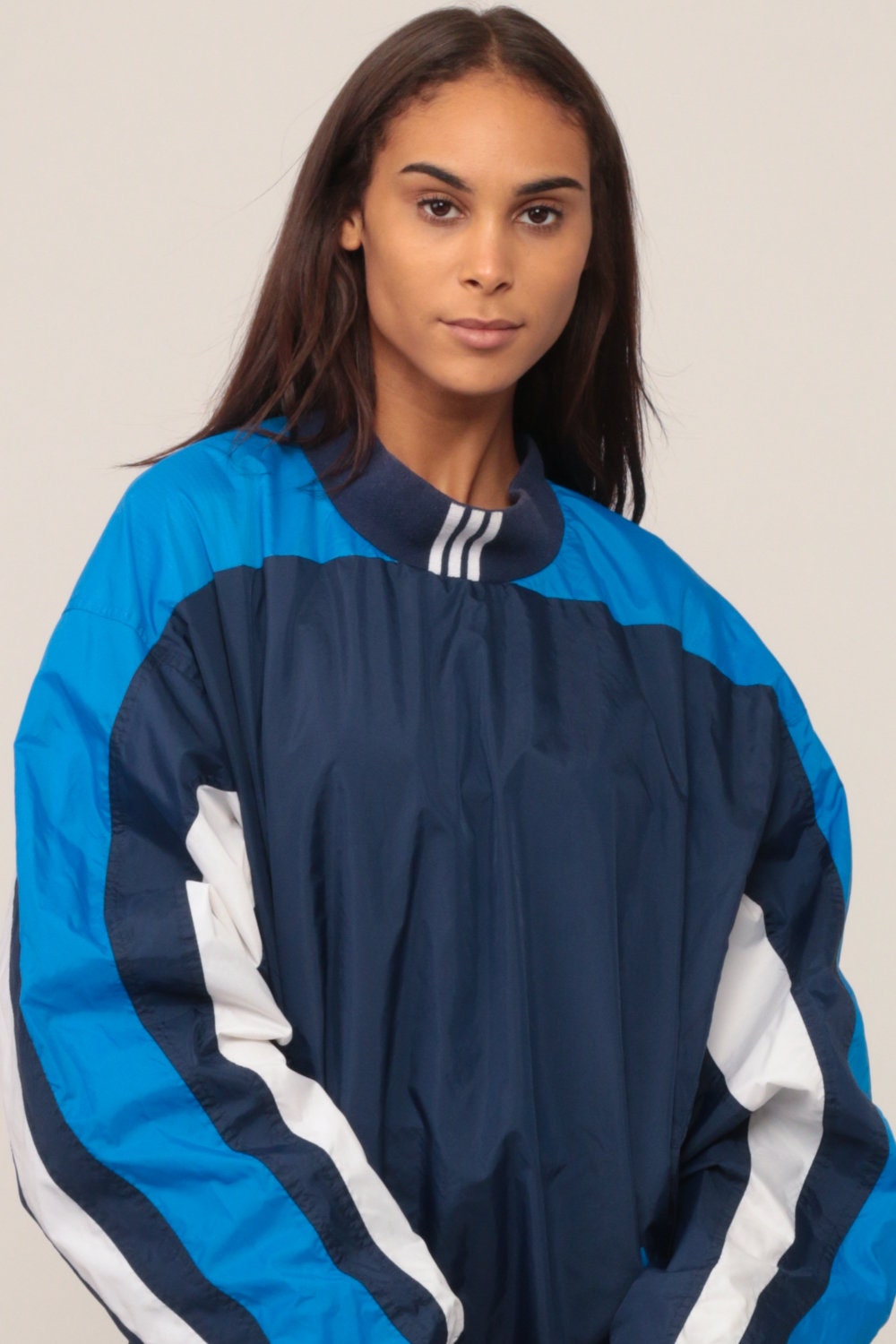90s Adidas Pullover Windbreaker Dark Blue Stripe Jacket Large