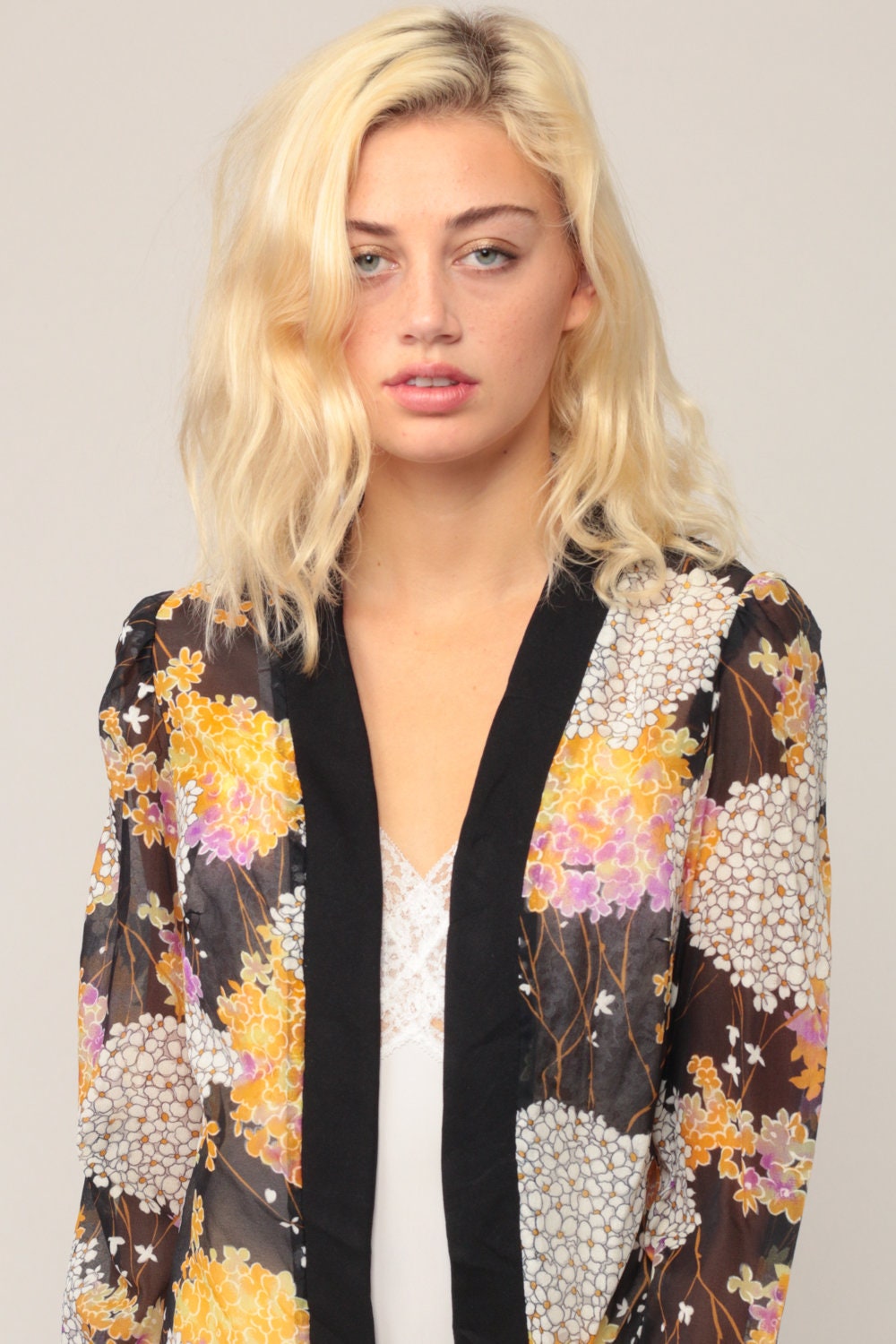 70s Floral Sheer Jacket Black Yellow Purple Open Front Kimono Small Medium Large