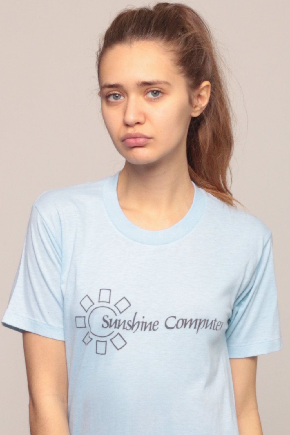 80s Sunshine Computer Graphic T-Shirt Baby Blue Burnout Tee Extra Small
