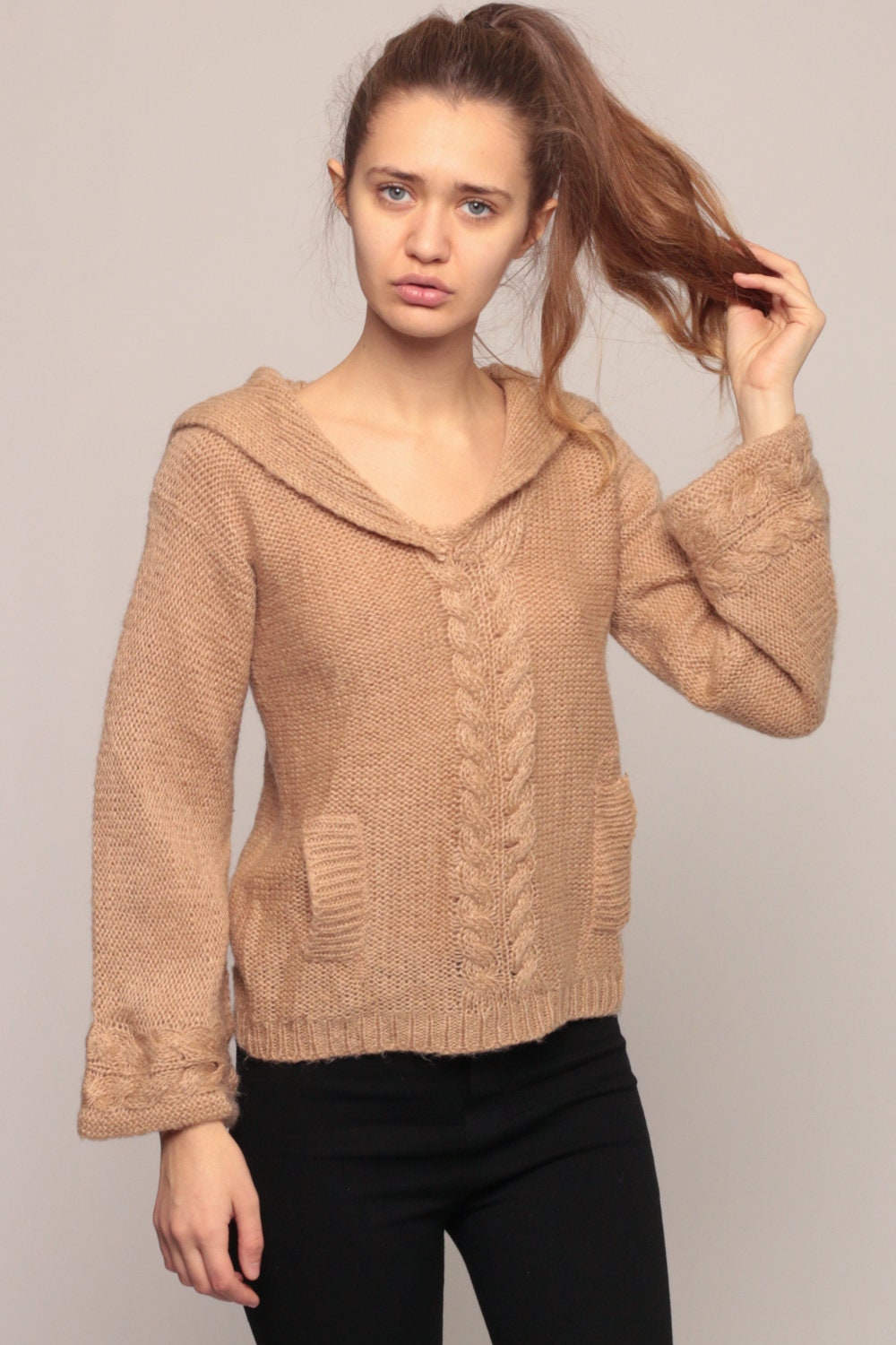 70s Tan Cable Knit Sweater Sailor Collar Semi-Sheer Pullover Medium