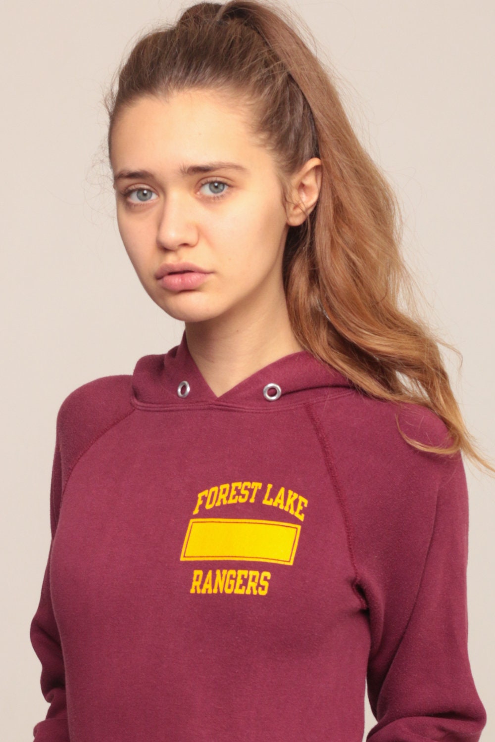 80s Forest Lake Rangers Burgundy Hooded Sweatshirt Graphic School Extra Small