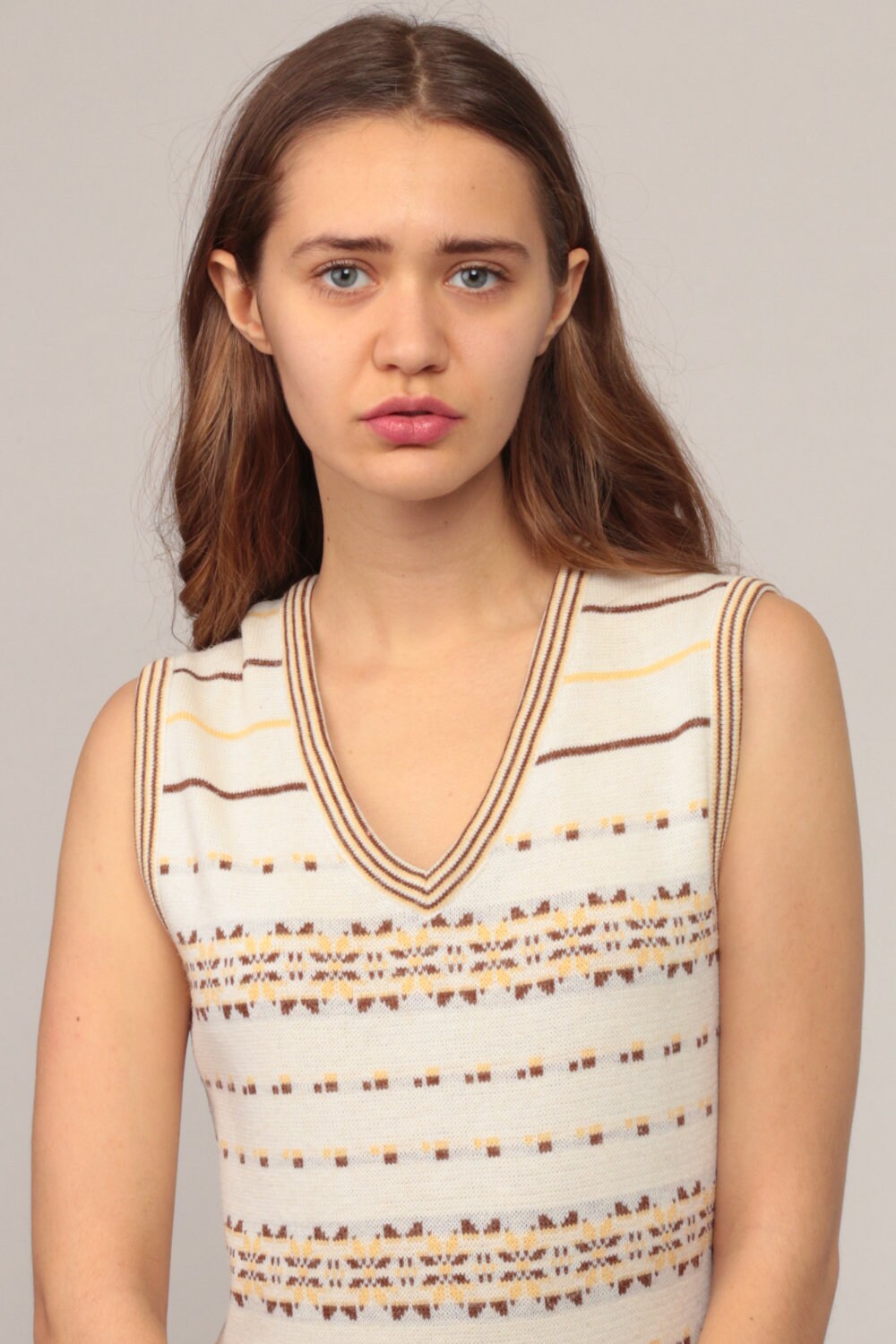 70s Nordic Print Mini Dress White Sleeveless V-Neck Shift Extra Small XS
