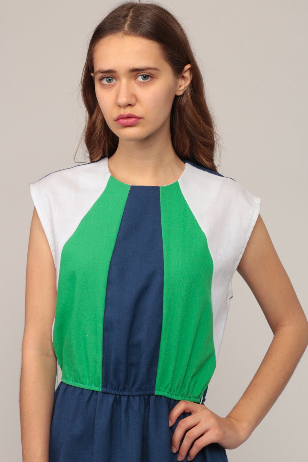 70s Striped Mini Dress Navy Blue Green White Cap Sleeve High Waist Large