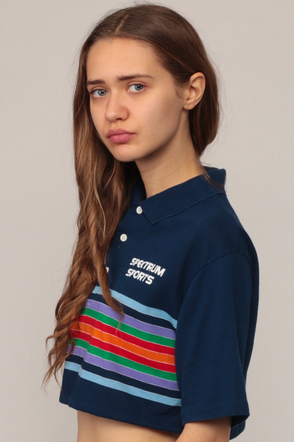 80s Spectrum Sports Rainbow Striped Polo Crop Top Blue Small Medium