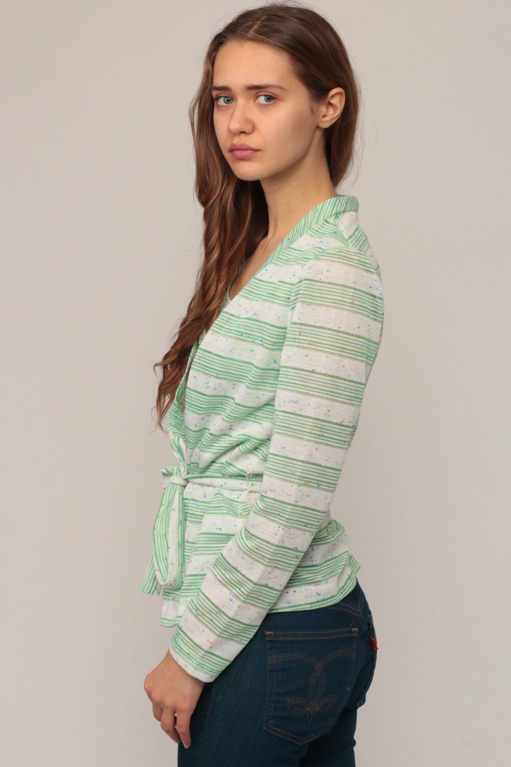 70s Striped Blouse with Attached Cardigan Green White Metallic Medium