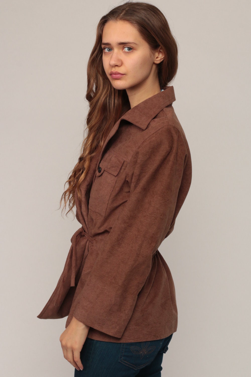 70s Brown Fuzzy Polyester Wrap Jacket Belted Crewneck Large