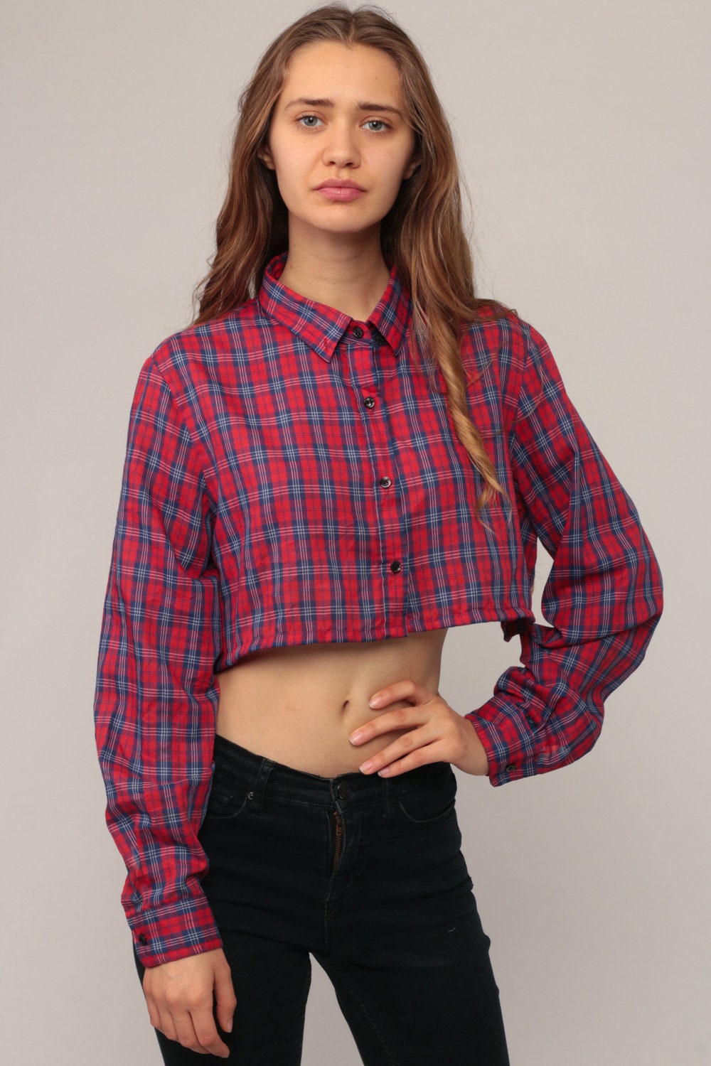 80s Plaid Crop Top Button-Up Blouse Red Blue Long Sleeve Small Medium