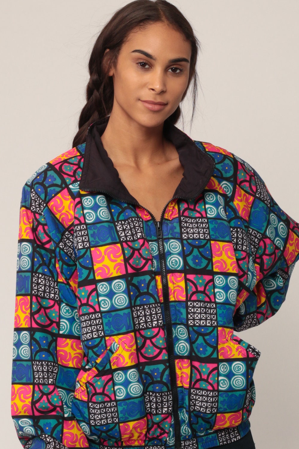 90s Geometric Floral Windbreaker Jacket Blue Pink XXL