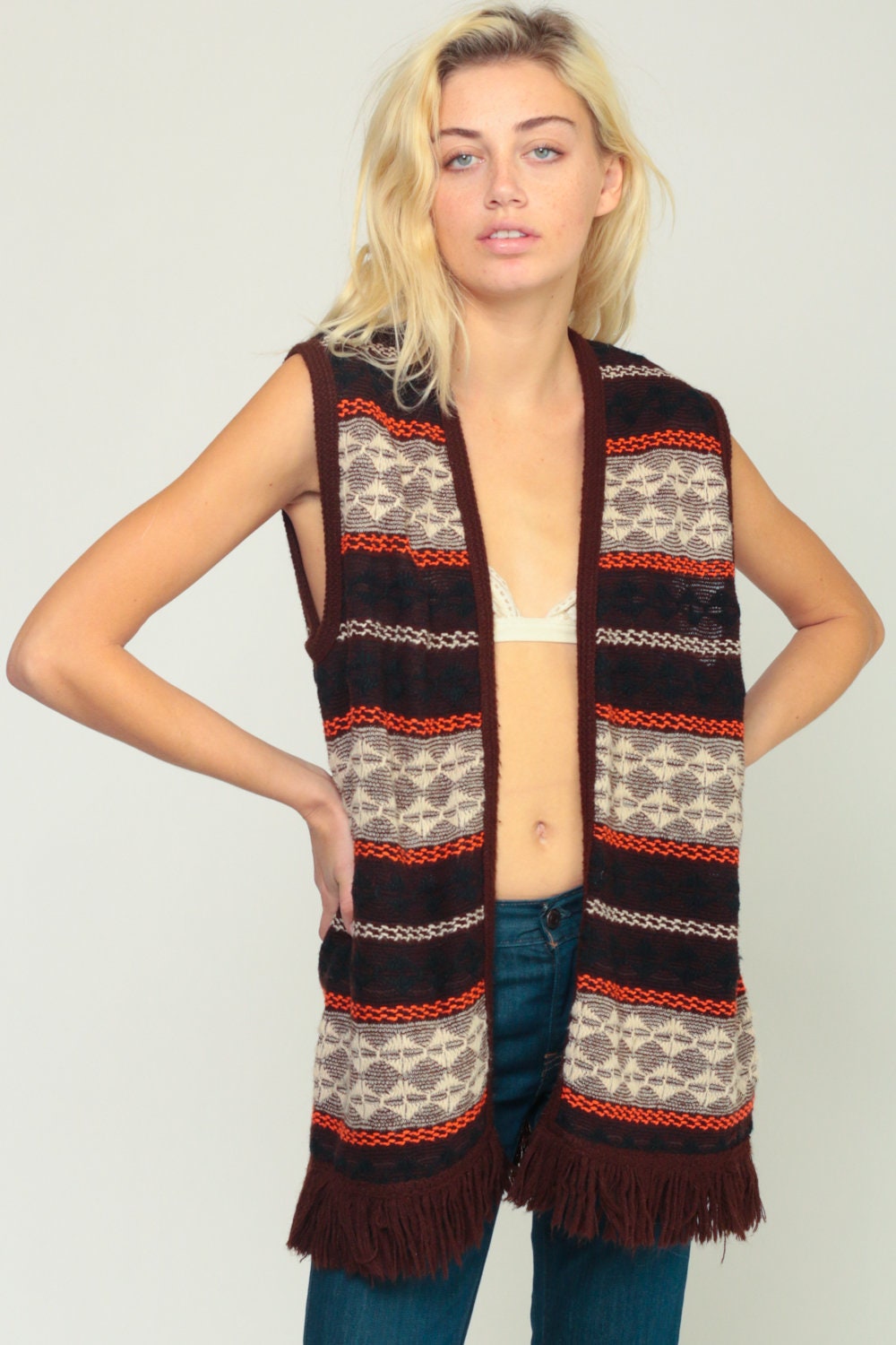 70s Tribal Print Fringe Knit Vest Brown Sleeveless Large