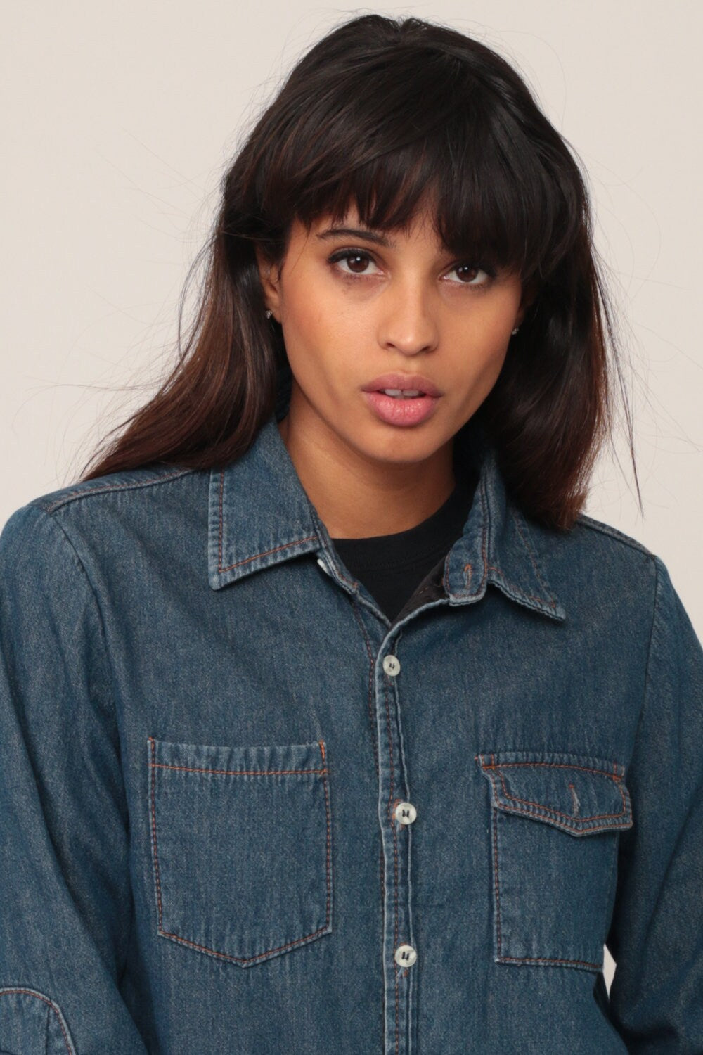 90s Blue Denim Button-Up Shirt Lined Long Sleeve Small Medium